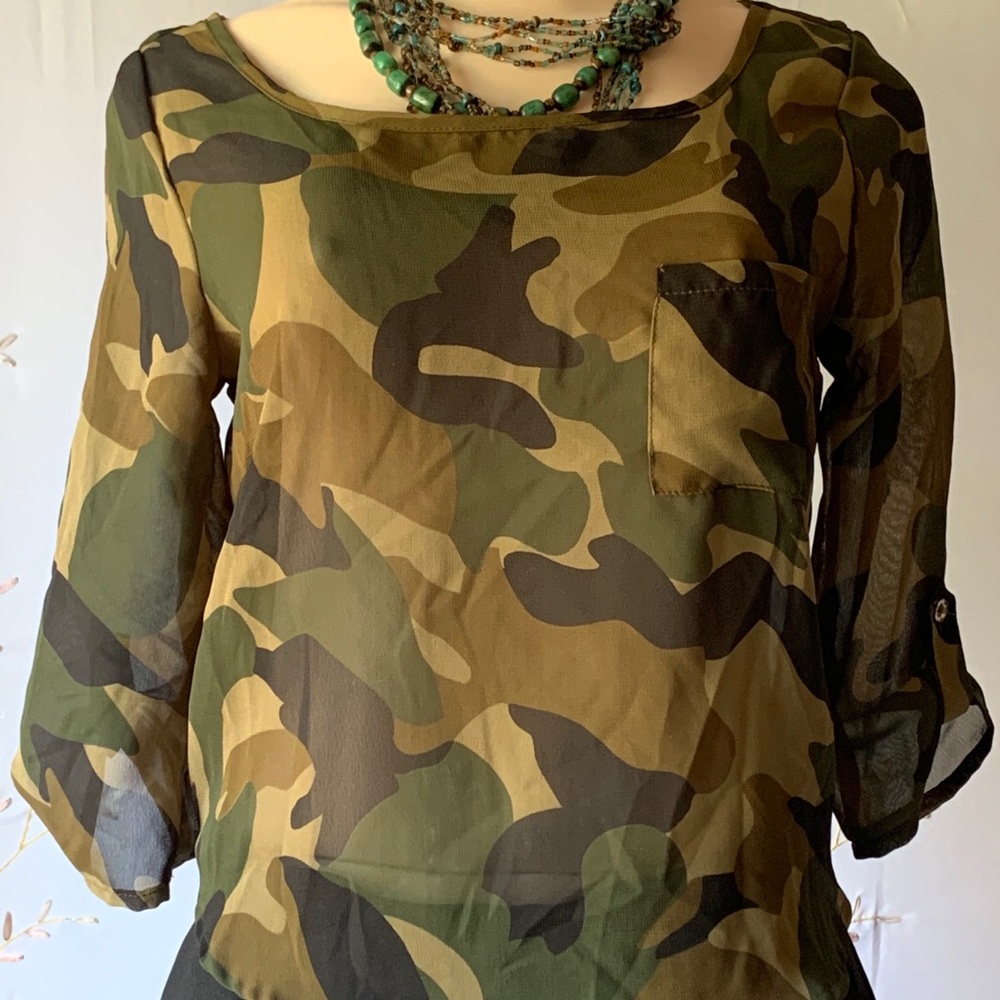 Camouflage gauze military-style blouse, size S